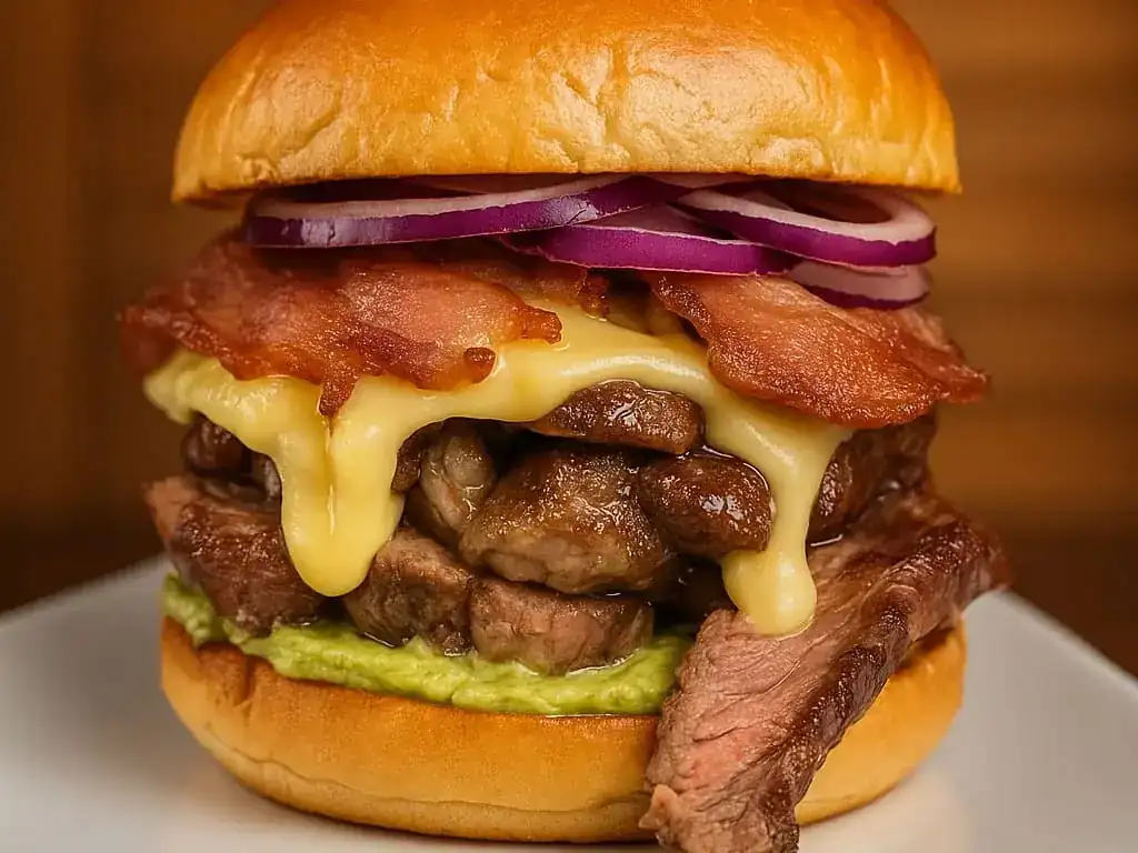 Z-Picanha: picanha fatiada, bacon e cebola roxa no brioche